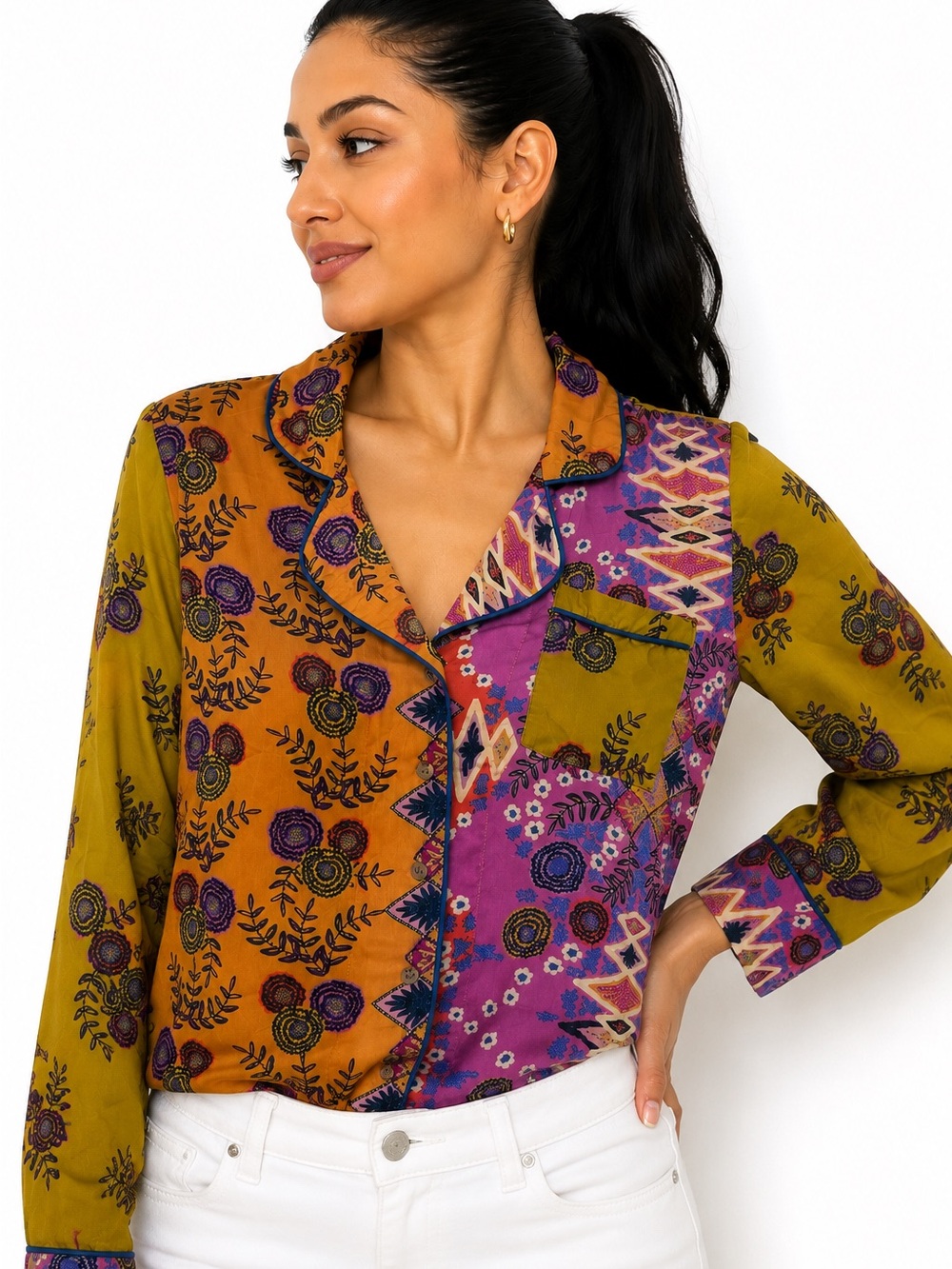 Anthropologie Colorful Patchwork Floral Button-Up Blouse Top XXSP